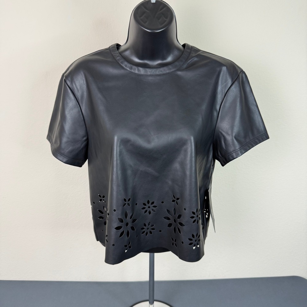 Bagatelle Collection Top Womens XS Black Faux Leather Laser Cut Floral Eyelet - Picture 2 of 7